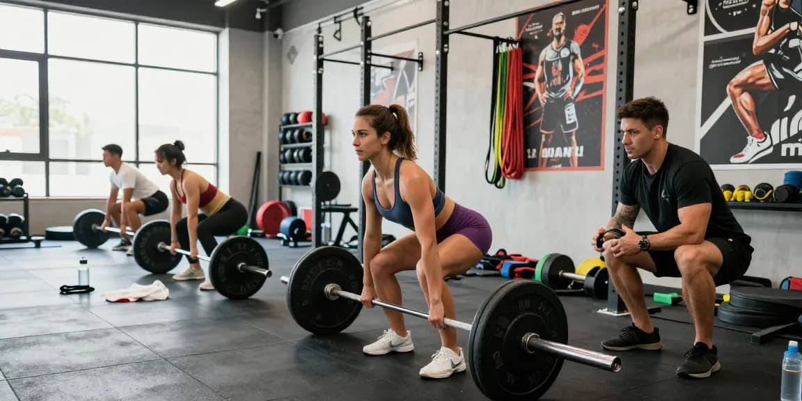 Professionelle Fitness-Szene im Selliza Shop mit leistungsstarken Sportlern in einem modernen Fitnessstudio