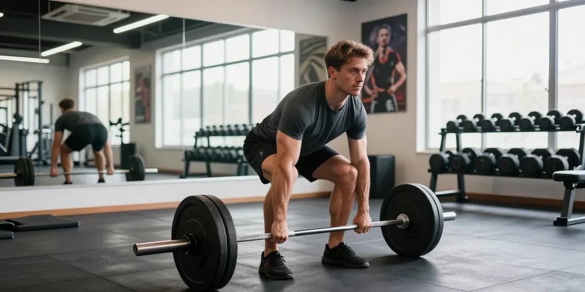 Athletischer Mann hebt Gewichte während einer Steroidshop-Trainingseinheit und zeigt Engagement und Stärke im Fitnessstudio.