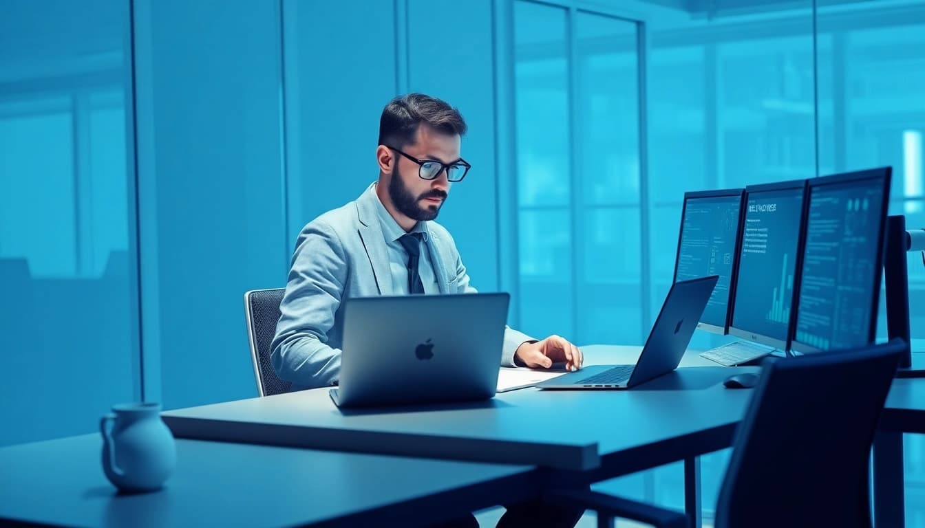 Headhunter IT bei der Arbeit an einem modernen Schreibtisch mit Technikelementen.