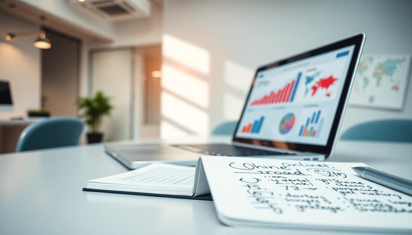 Online Marketing: Tägliche Strategien auf dem Laptop und inspirierende Notizen im Hintergrund