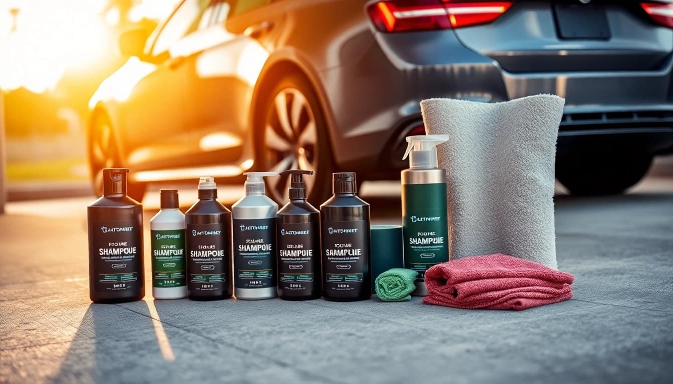 Präsentation eines hochwertigen Autopflege Sets mit Pflegeprodukten und Mikrofasertüchern auf einem eleganten Garagenboden.