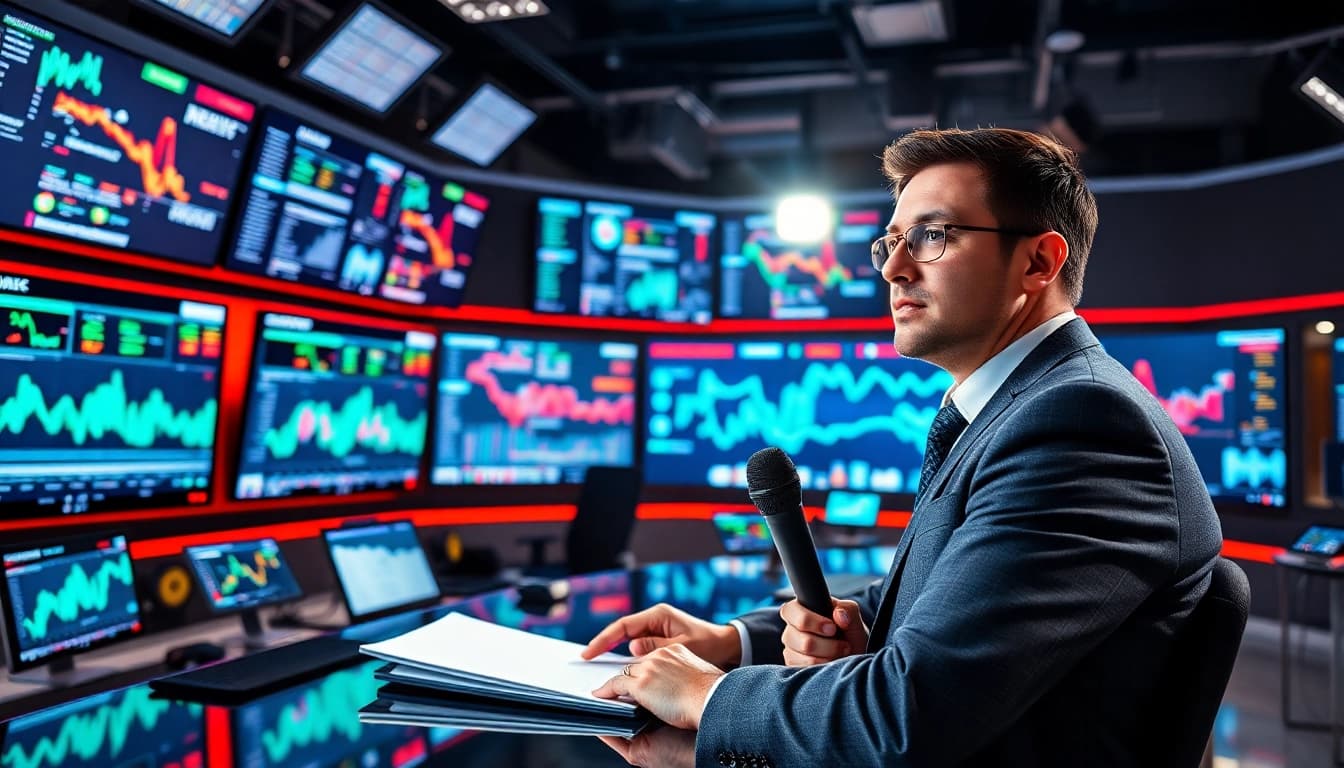 Technik News in action with a technology reporter analyzing data in a modern newsroom.