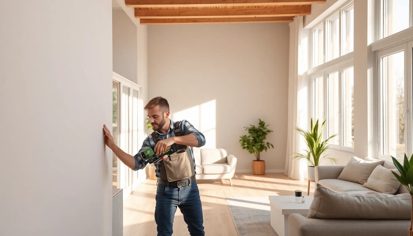 Professionelle Hausrenovierung mit Handwerker, der einen Raum modern gestaltet.