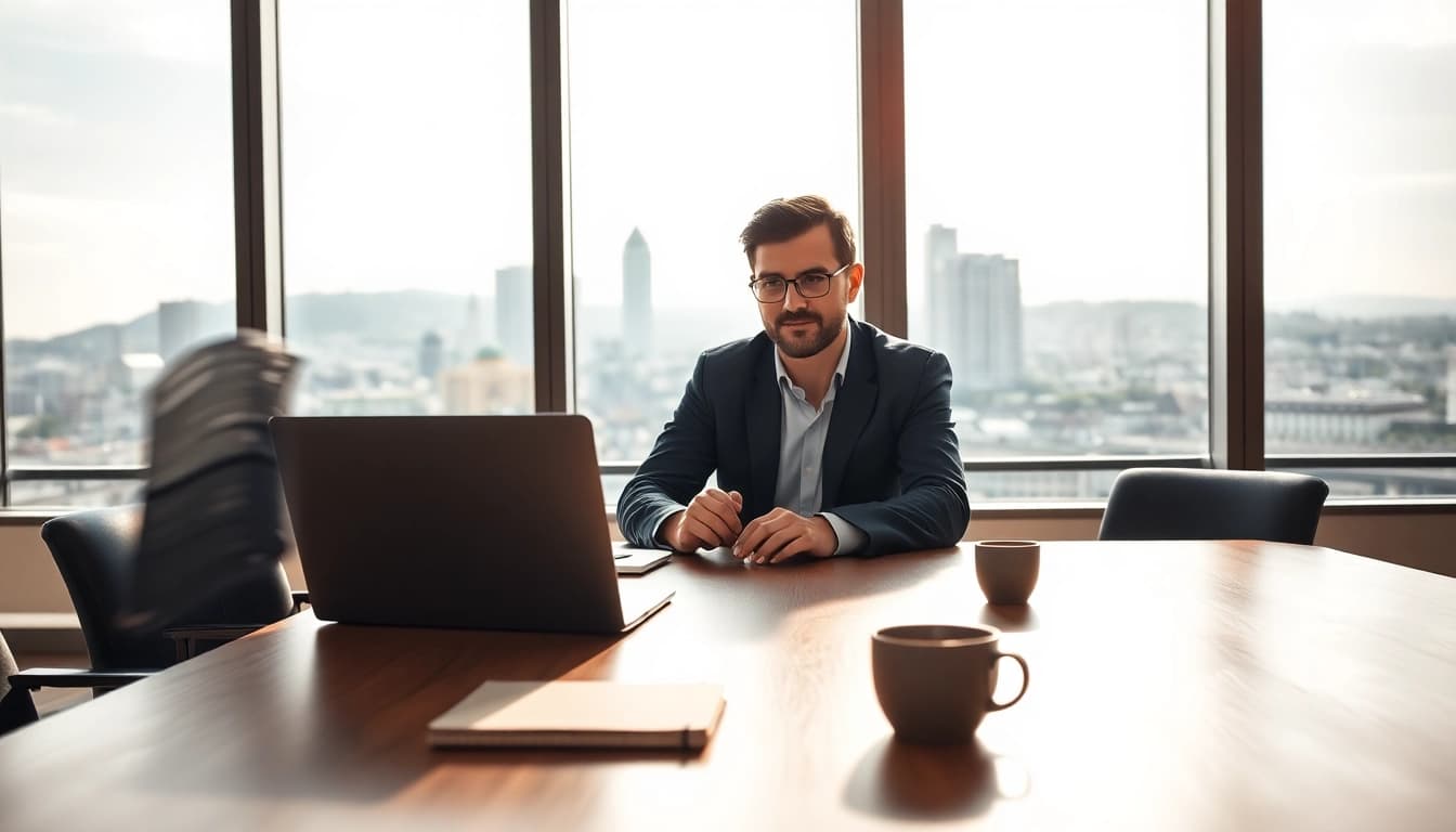 Headhunter Schweiz berät Kunden professionell in modernem Büro mit schöner Aussicht.