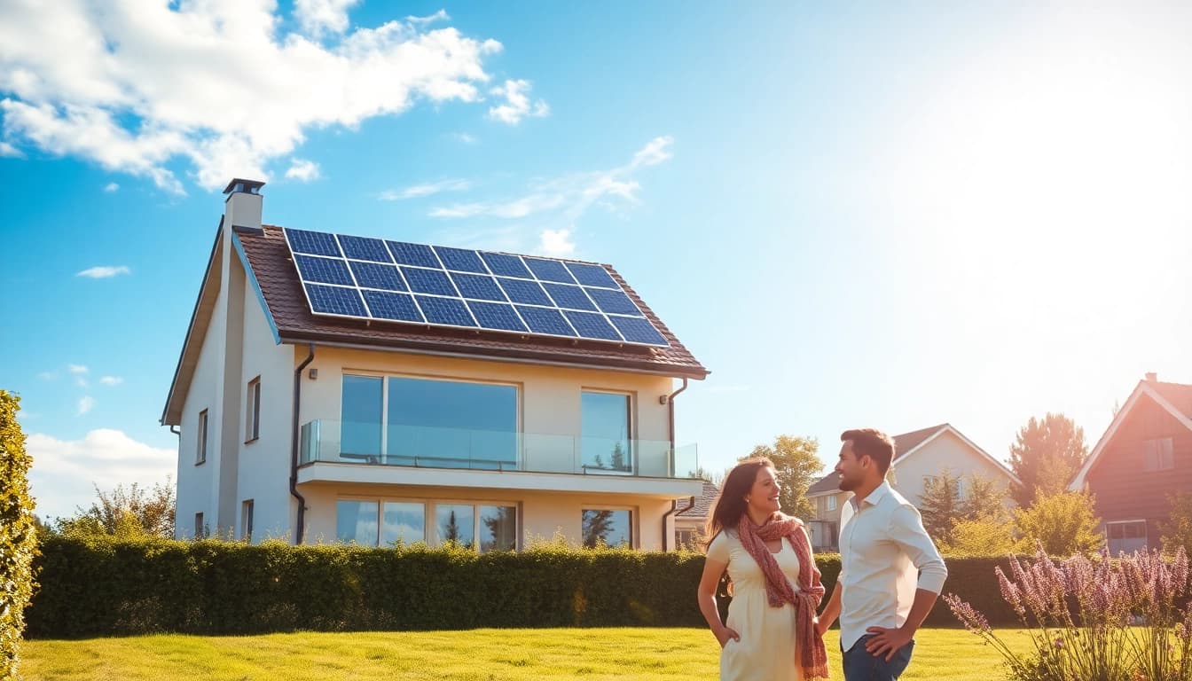 Das glückliche Paar diskutiert, wie sie eine PV Anlage kaufen ohne Eigenkapital, neben ihrem modernen Wohnhaus mit solarbetriebenem Dach.