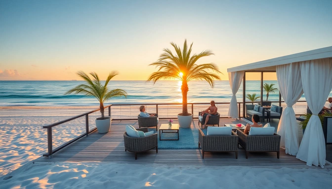 Genieße den atemberaubenden Blick von einer gemütlichen Terrasse des Coastal Cabana, umgeben von Palmen und dem Ozean.