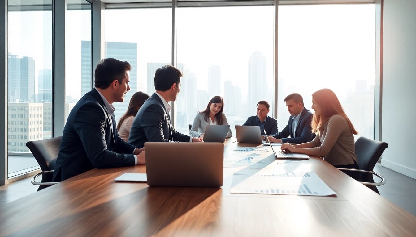 Wirtschaft Regional: Aktive Diskussion über wirtschaftliche Trends in einem modernen Büro.