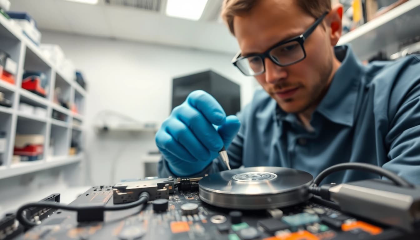 Datenrettung Festplatte Wien: Professional technician repairing a hard drive in a modern lab.