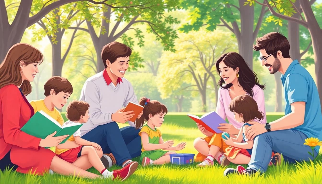 Encourage positive Kindererziehung through joyful interactions between parents and children in a bright park.