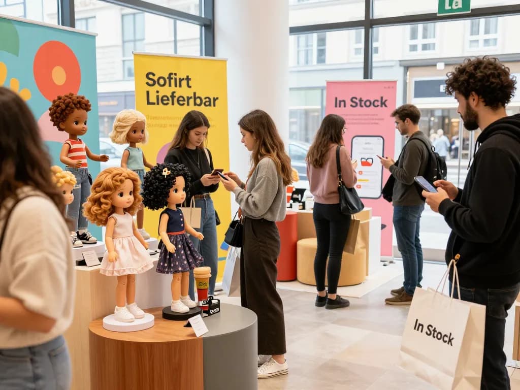 Sofort Lieferbar verschiedene Puppen, die in einem lebhaften E-Commerce-Shop ausgestellt sind.