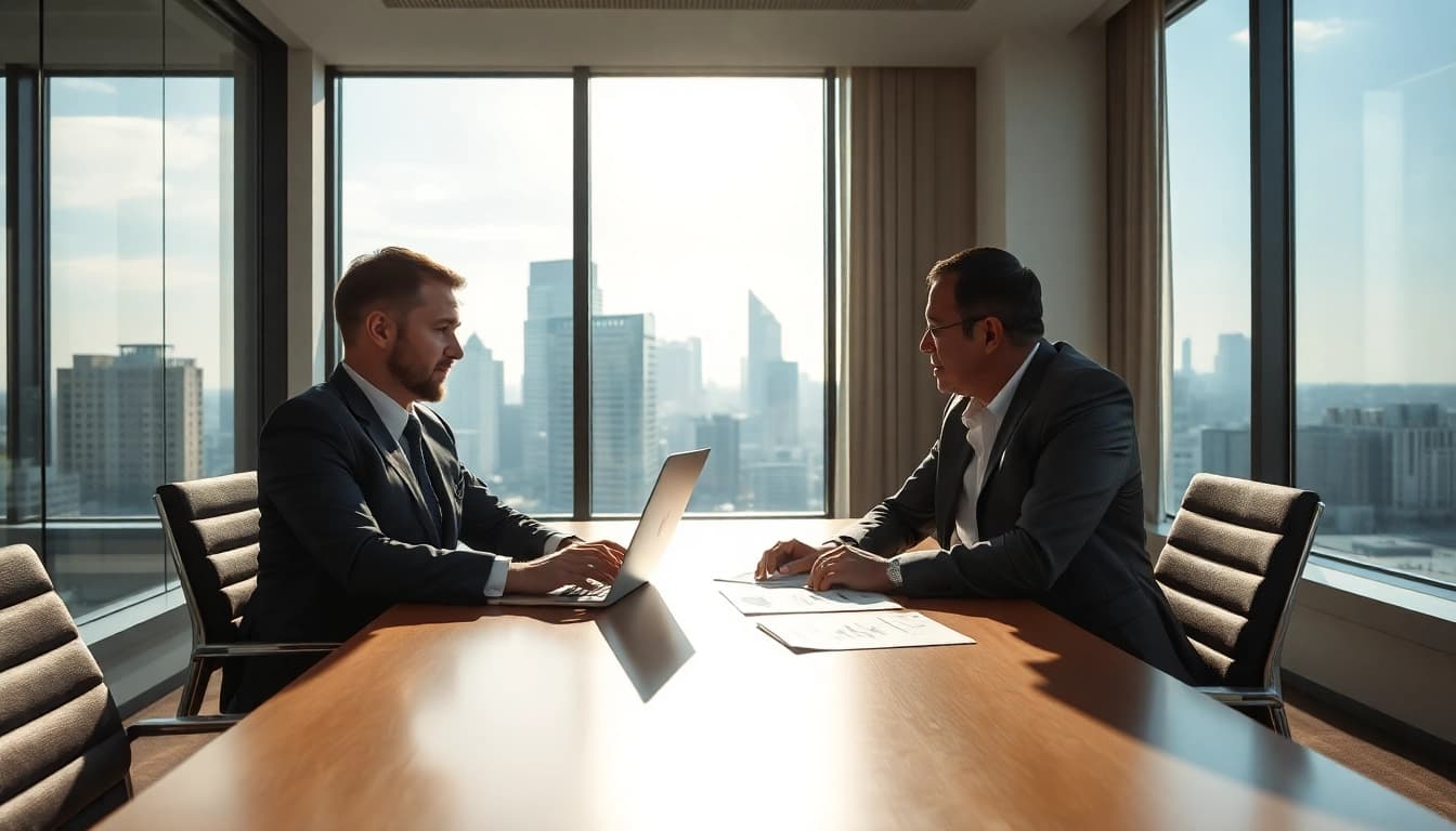 Headhunter CEO in einem modernen Büro, der mit einem Klienten spricht und strategische Notizen durchgeht.