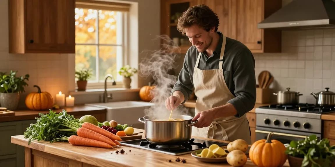 Bereiten Sie köstliche Suppe kaufen in einer gemütlichen Herbstküche mit frischen Zutaten und einladender Atmosphäre zu.