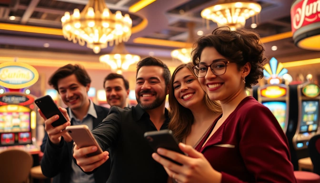 Entdecken Sie die besten Casino Apps in einem modernen Casino-Setting, wo Spieler Smartphones für aufregendes Spielvergnügen nutzen.
