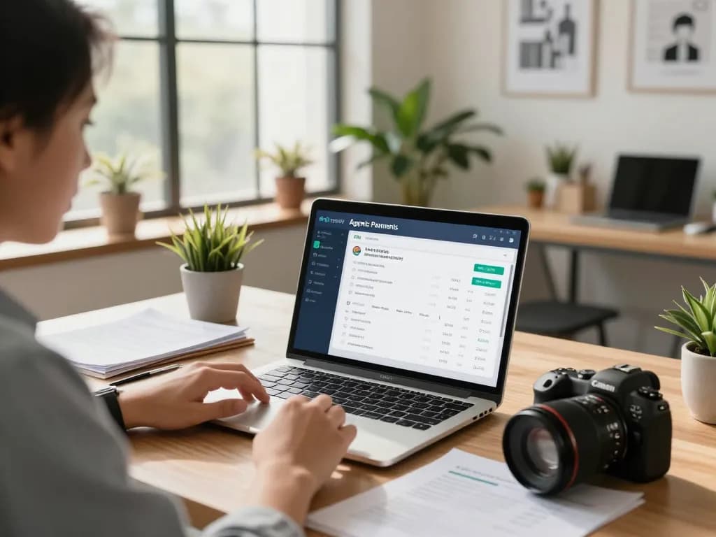 Exploring agentic payments for small businesses in a modern office, showcasing analytics and eco-conscious workspace.