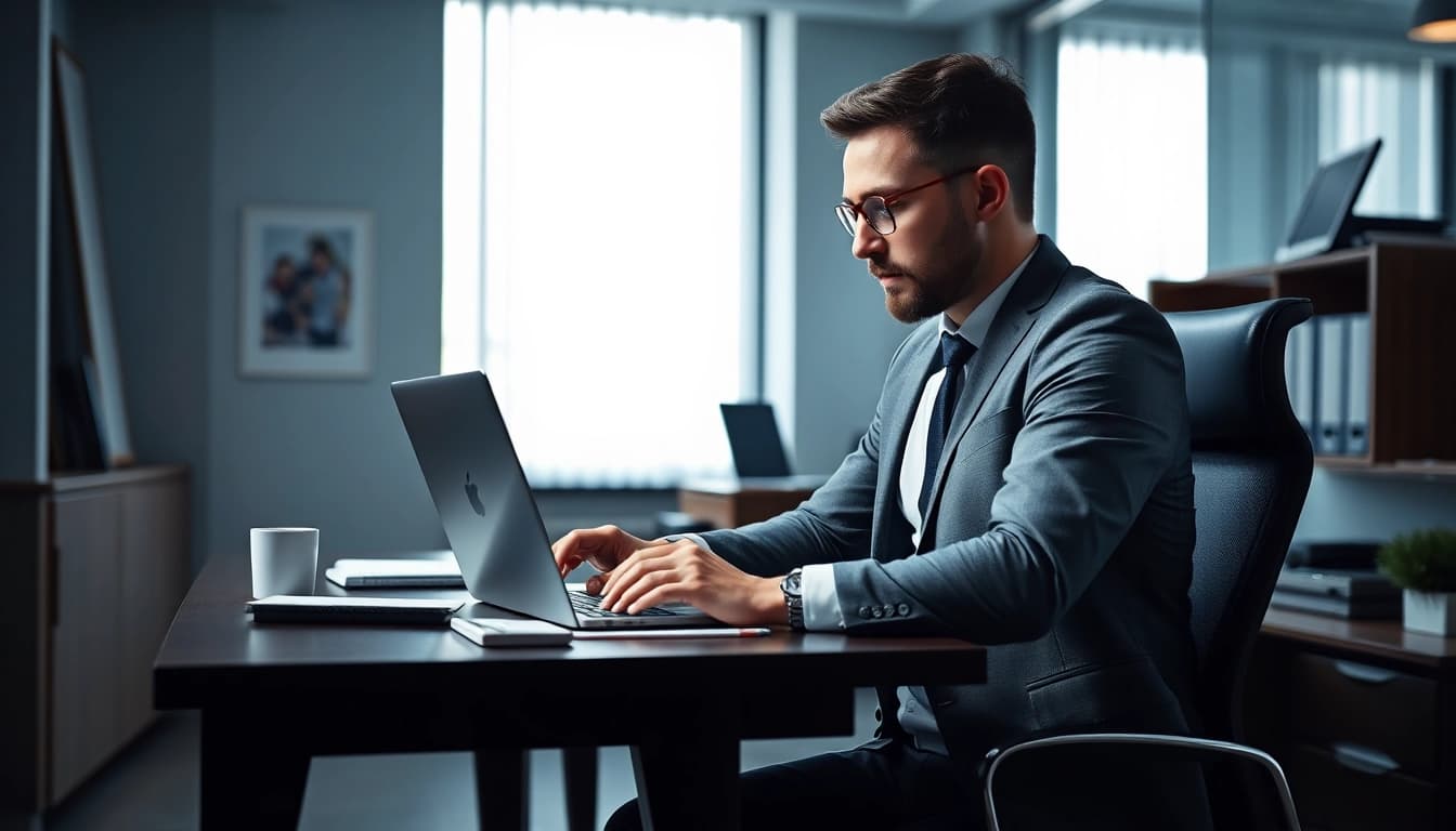Headhunter IT im Büro, während er mit einem Laptop arbeitet und Notizen überprüft.