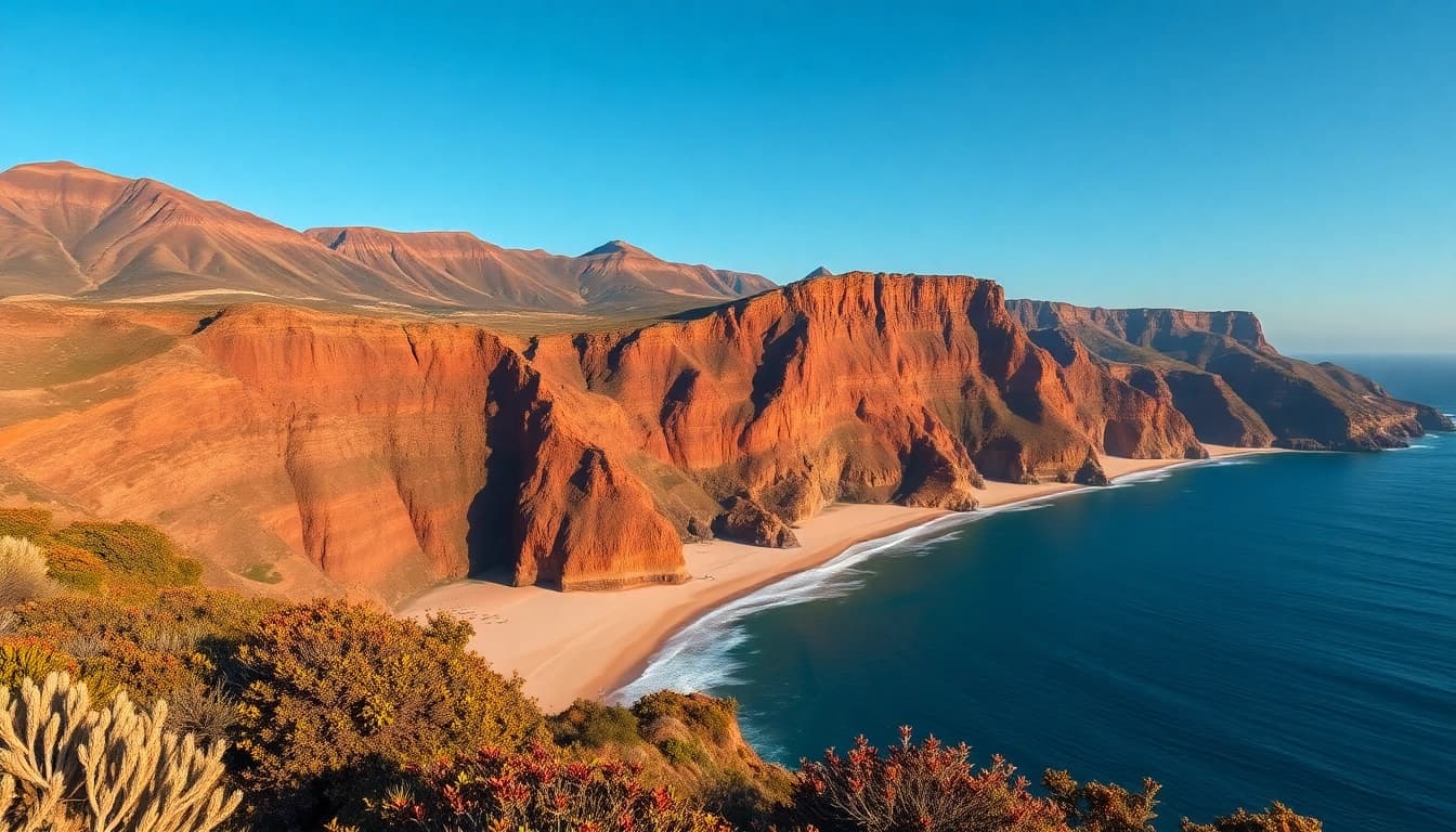 Gran Canaria Sehenswürdigkeiten, breathtaking cliffs and sandy beaches presented in vibrant landscape.