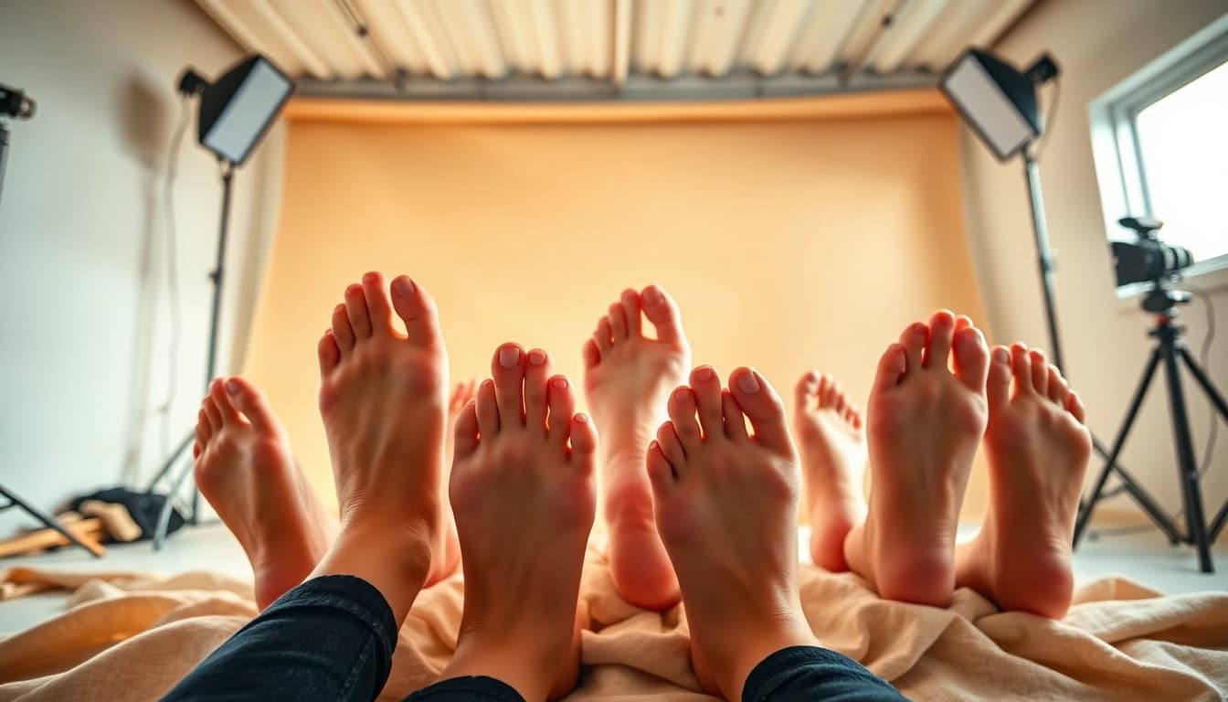 Füße in verschiedenen Posen für Fußbilder verkaufen in einem hellen Fotostudio.