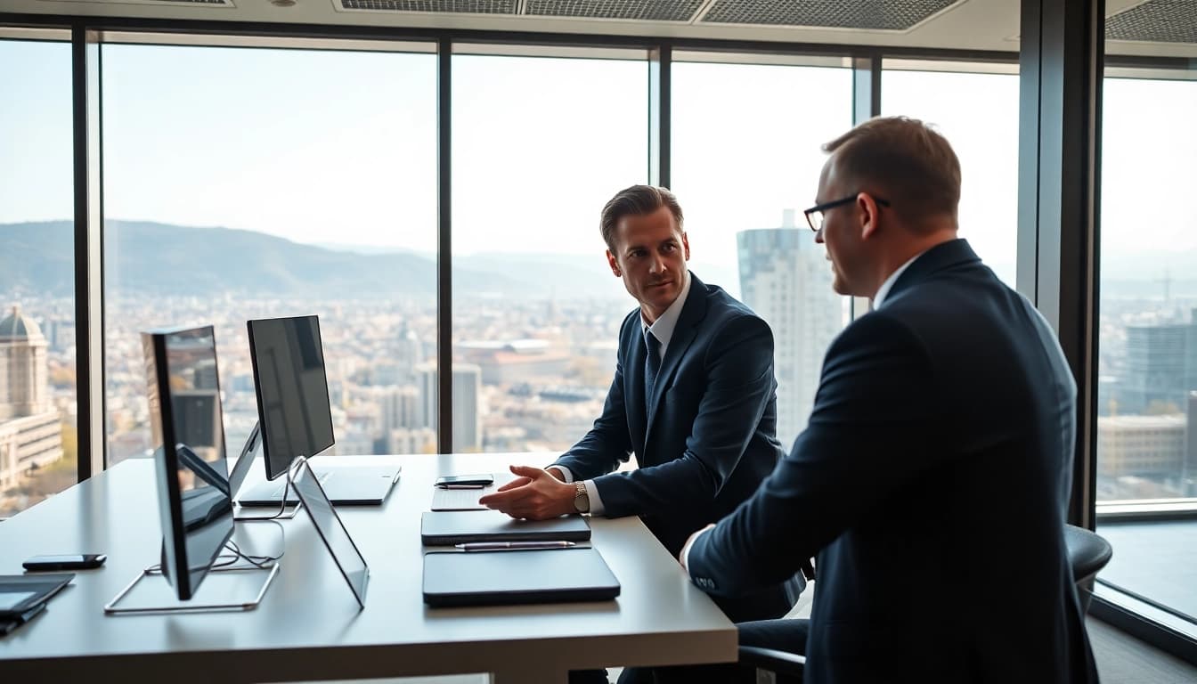 Headhunter Schweiz at a modern office meeting with a client, portraying professionalism.