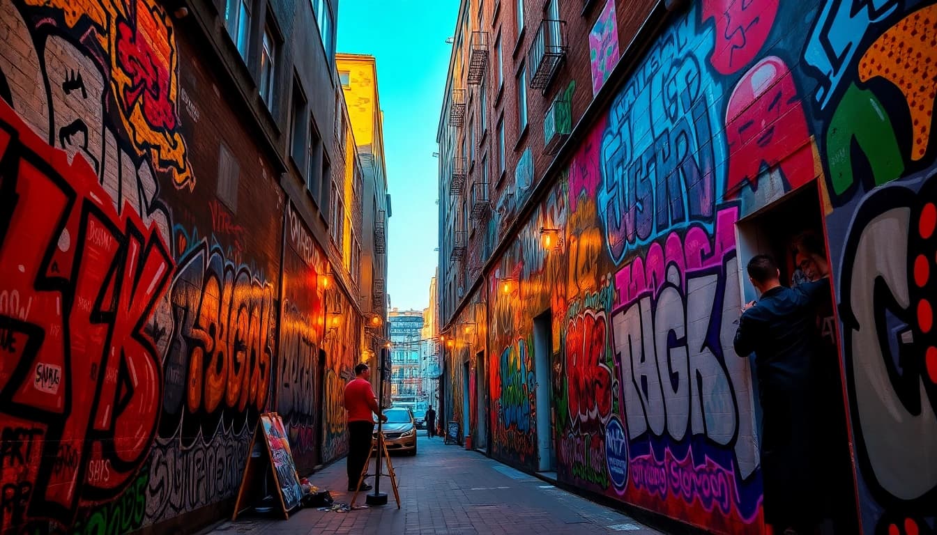 Explore vibrant Graffiti Hamburg as artists create colorful murals in an urban alley.