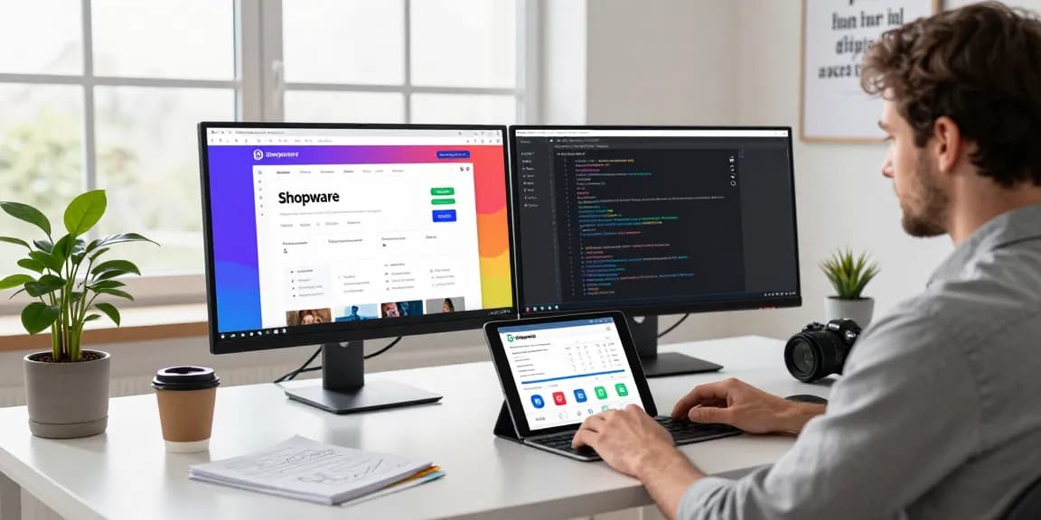 Shopware-Freelancer an einem modernen Arbeitsplatz, der die E-Commerce-Lösungen und die Produktivität von SP Webconsulting präsentiert.