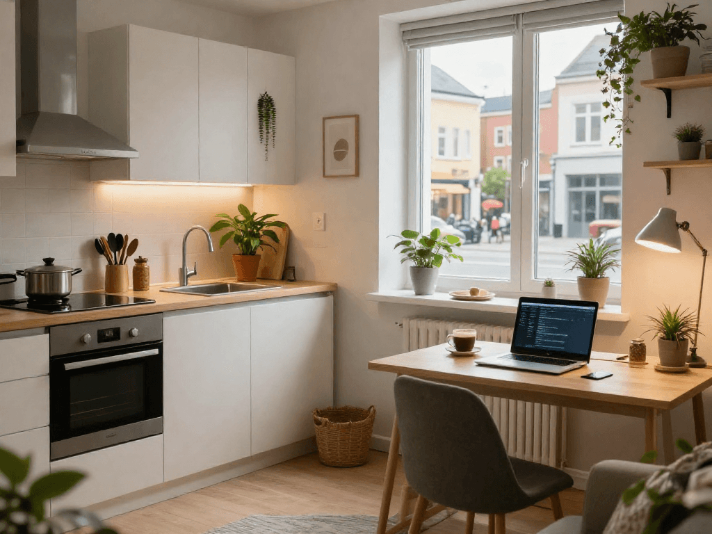 Gemütliche Monteurwohnung Hannover mit modernem Wohnbereich und voll ausgestatteter Küche.