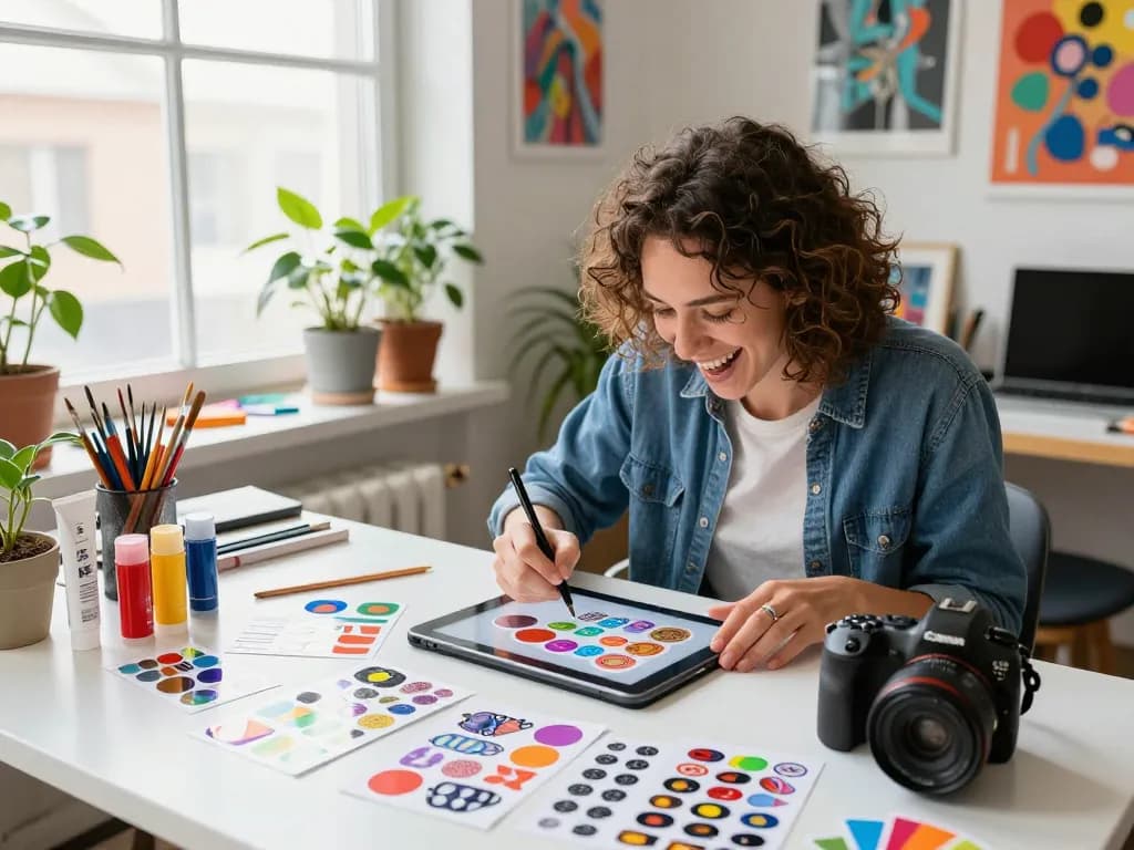 Custom sticker drucken activity with vibrant artist designing unique stickers in a lively workspace.