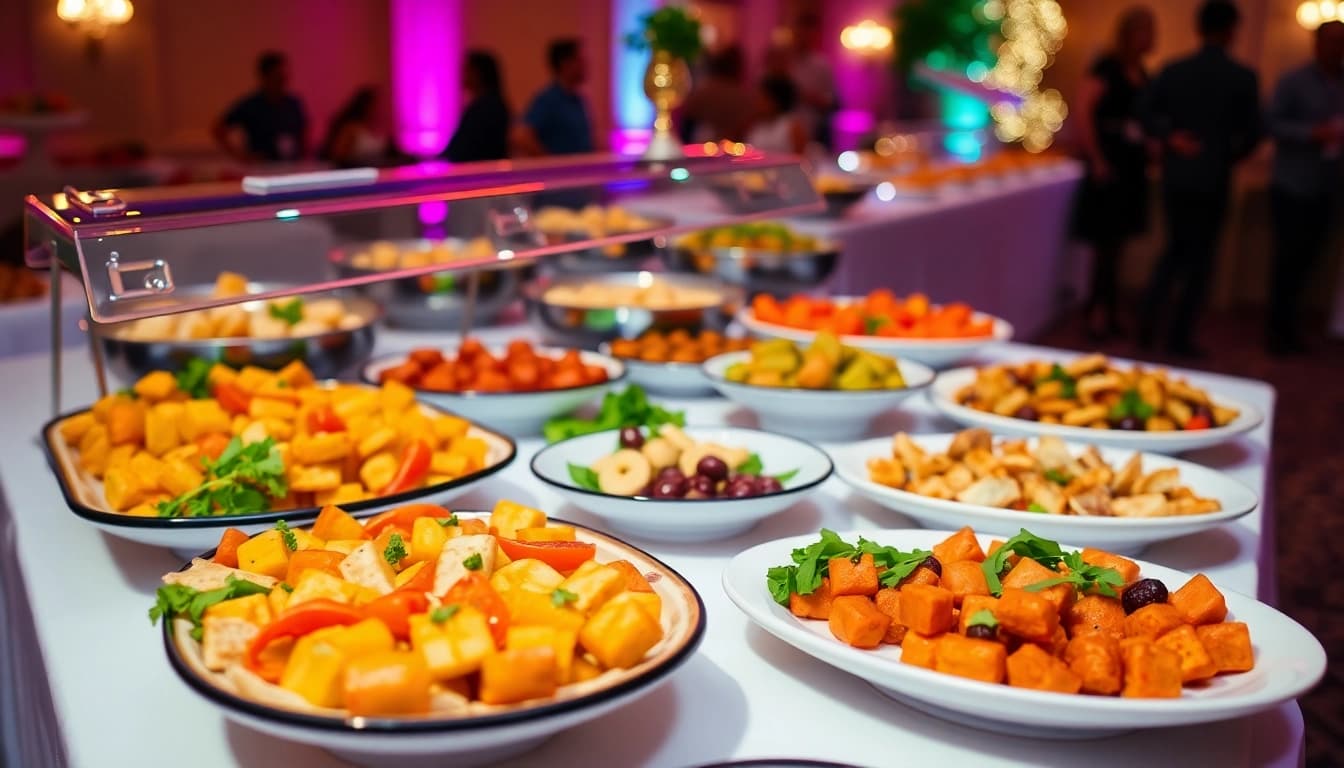 Delightful partyservice buffet showcasing a variety of tasty appetizers in a decorated setting.