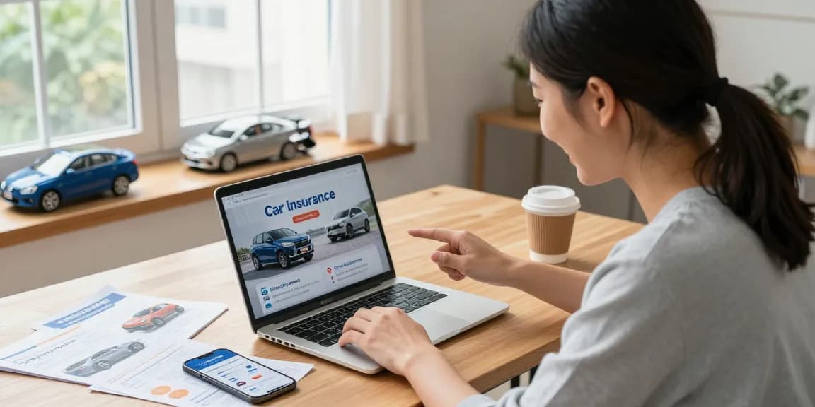 Kfz Versicherung Vergleich am Laptop in einem gemütlichen Arbeitsbereich mit Auto-Modellen im Hintergrund.