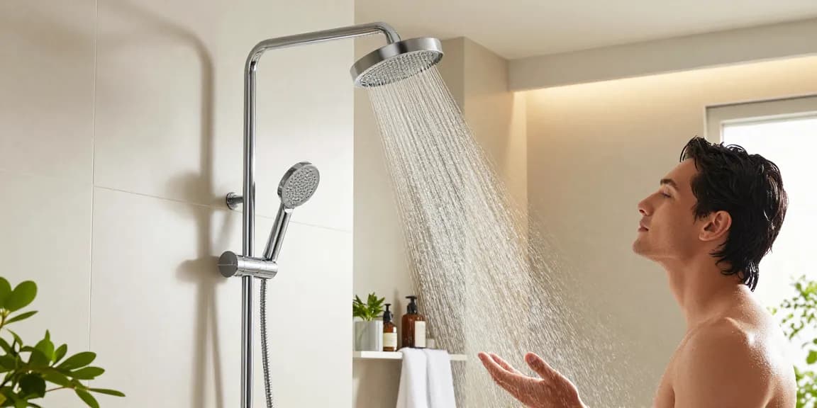 Genieten van een ontspannende douche onder een stijlvolle regendouche stang in een moderne badkameromgeving.