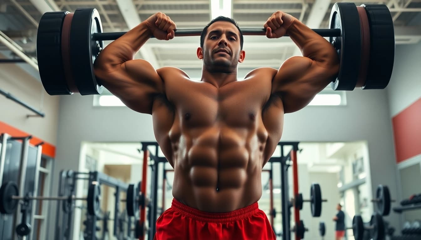 Trenbolon kaufen für Krafttraining: Bodybuilder hebt gewichtiges Gerät in moderner Fitnessumgebung.