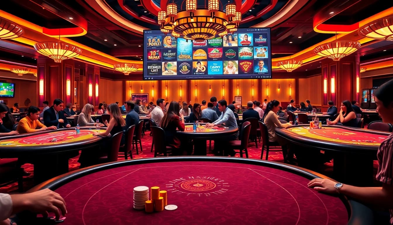 Experience the excitement of online casino real money games with vibrant players and luxurious game tables.