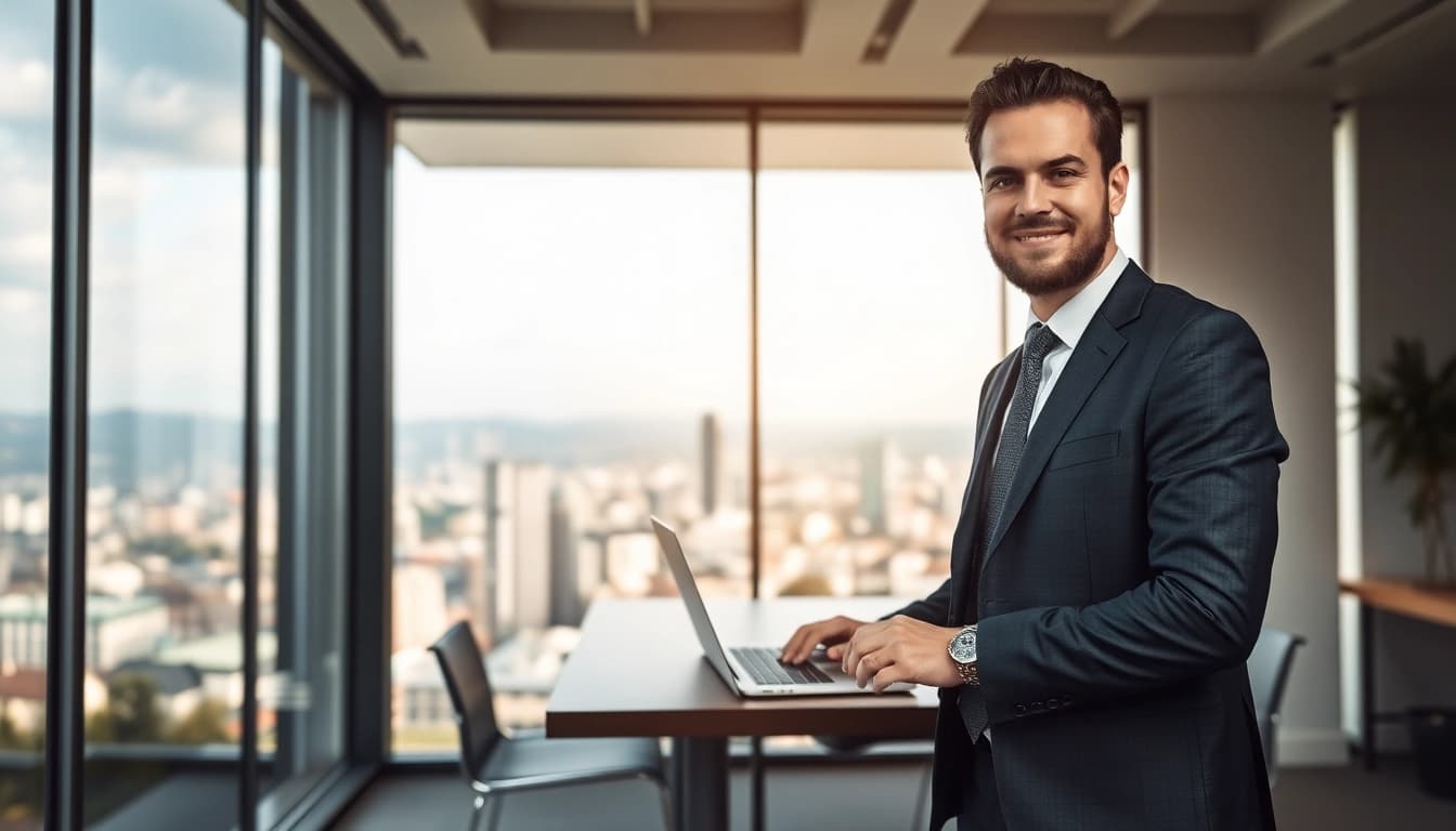 Headhunter Schweiz: Professioneller Headhunter arbeitet mit Stadtblick in Zürich.