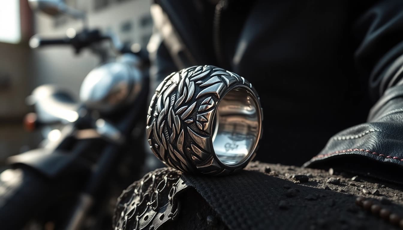 Bikerring in detail, showcasing its intricate design on a rugged background.
