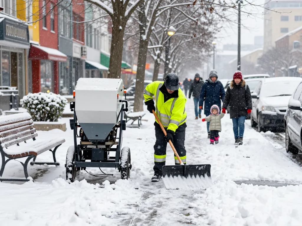 Streudienst in Münster mit professionellem Mitarbeiter, der Schnee von den Bürgersteigen der Stadt räumt und einen Streuwagen an einem verschneiten Tag benutzt.