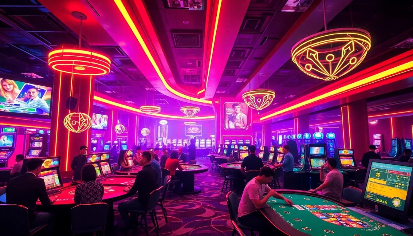 Experience thrilling games at online casinos ohne deutsche lizenz with diverse players and vibrant neon lights.