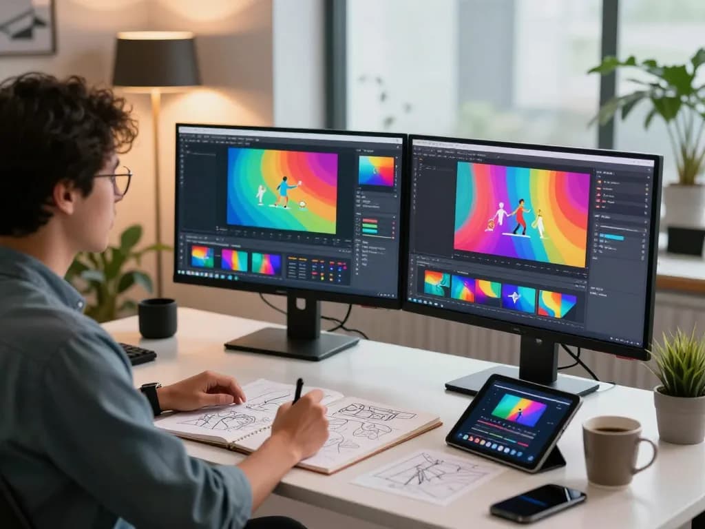 Creative workspace showcasing free motion control AI video generation process with artist brainstorming ideas