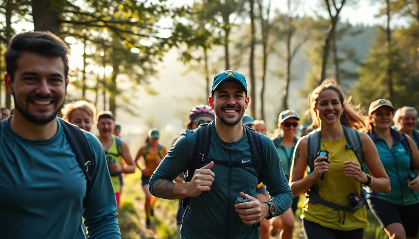 Erleben Sie die Wetziker OL Challenge mit begeisterten Sportlern in einer lebhaften Waldlandschaft bei Sonnenlicht.