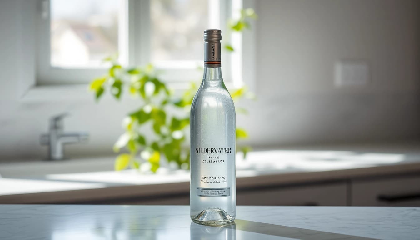 Pouring Silberwasser from a stylish bottle into a glass, showcasing purity and healing properties.