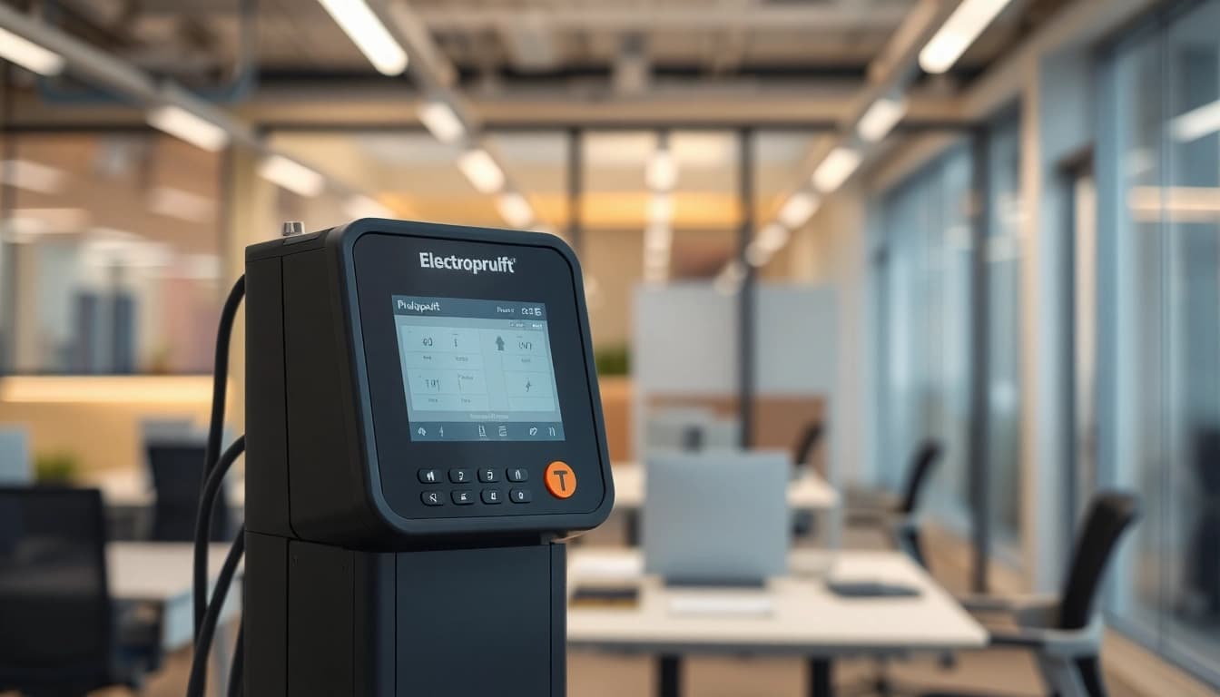 Prüfung eines elektrischen Gerätes während der DGUV V3 Prüfung in einem modernen Büro mit optimaler Sicherheitsausstattung.