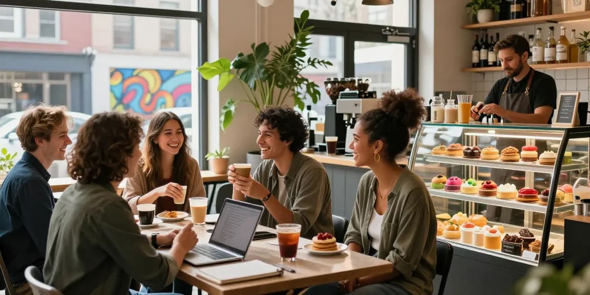 Friends enjoying drinks at a café, exploring rokok88 alternatif in a vibrant urban setting.