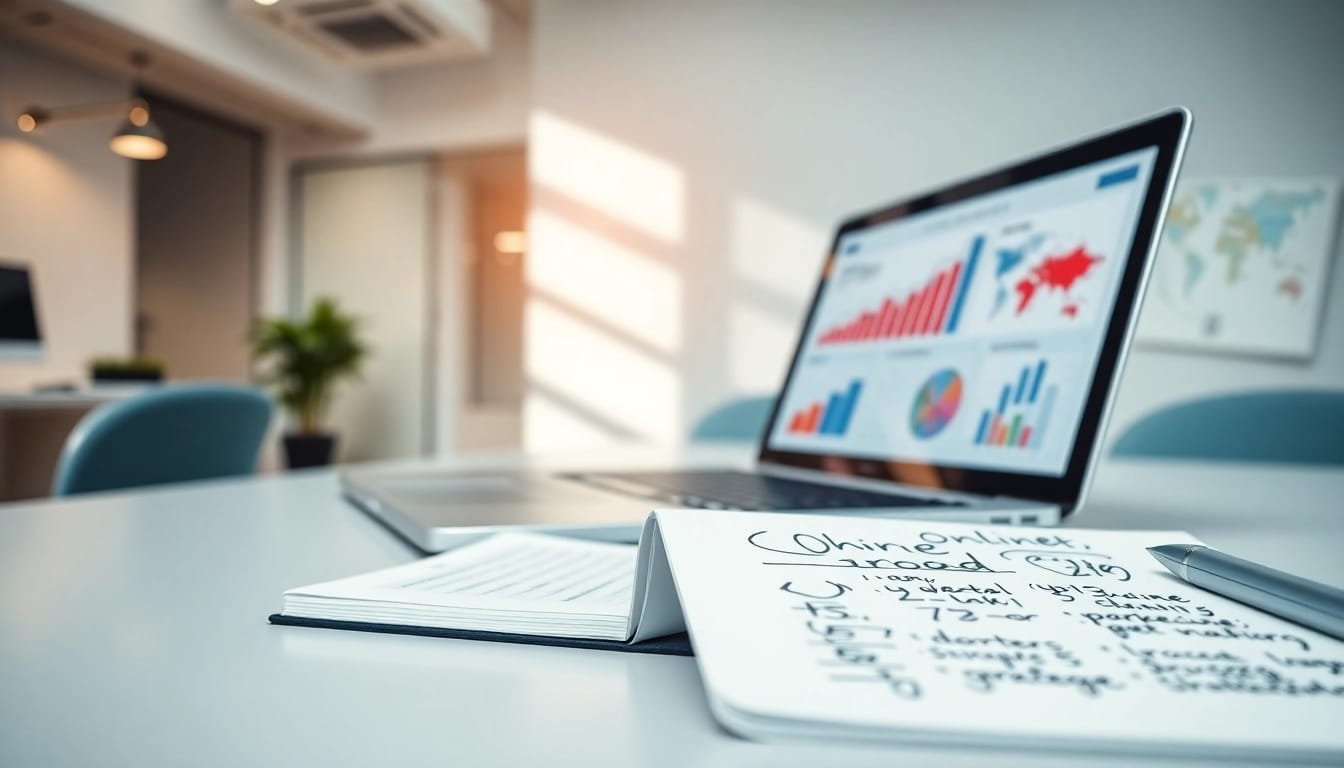 Online Marketing: Tägliche Strategien auf dem Laptop und inspirierende Notizen im Hintergrund
