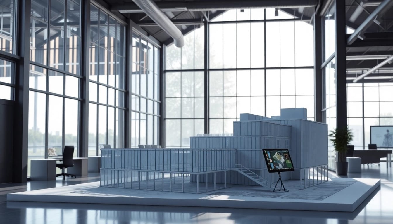3D visualisierung eines architektonischen Modells in einem modernen Büro mit realistischen Texturen.