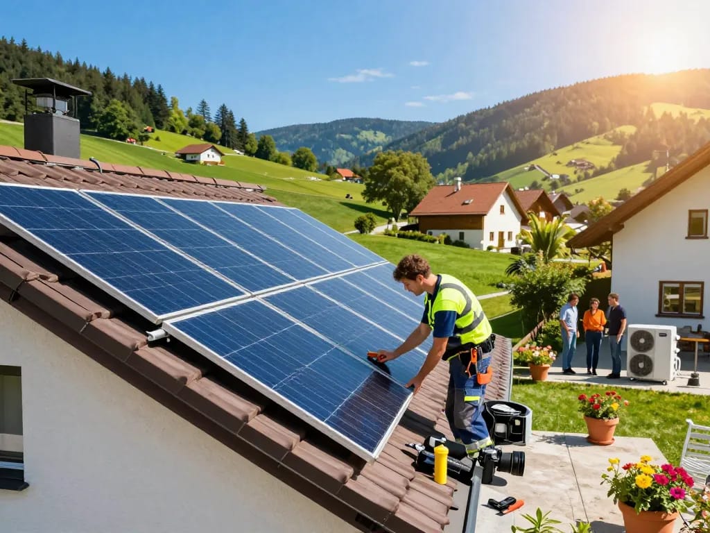 Photovoltaik Bayern Techniker inspiziert Solarpanel auf einem Hausdach, fördert nachhaltige Energie.