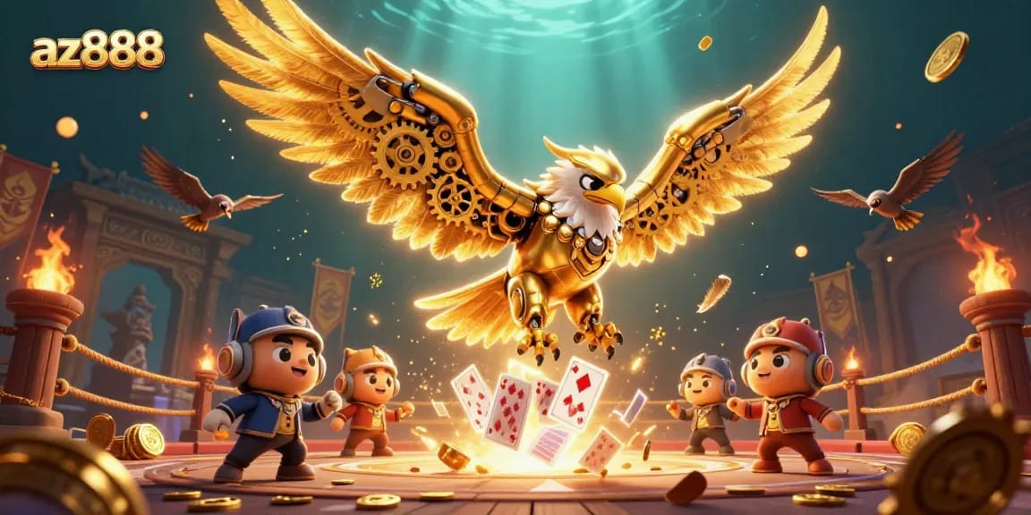 Experience the excitement of az888 with a cybernetic eagle amidst holographic cards and dynamic casino elements.