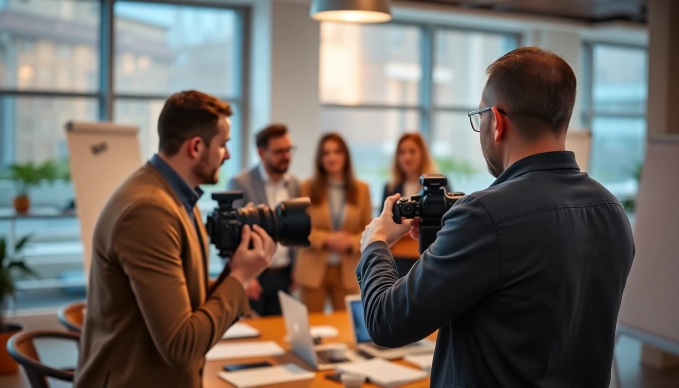 Professioneller Businessfotograf München bei der Aufnahme eines Teams in einem modernen Büro.