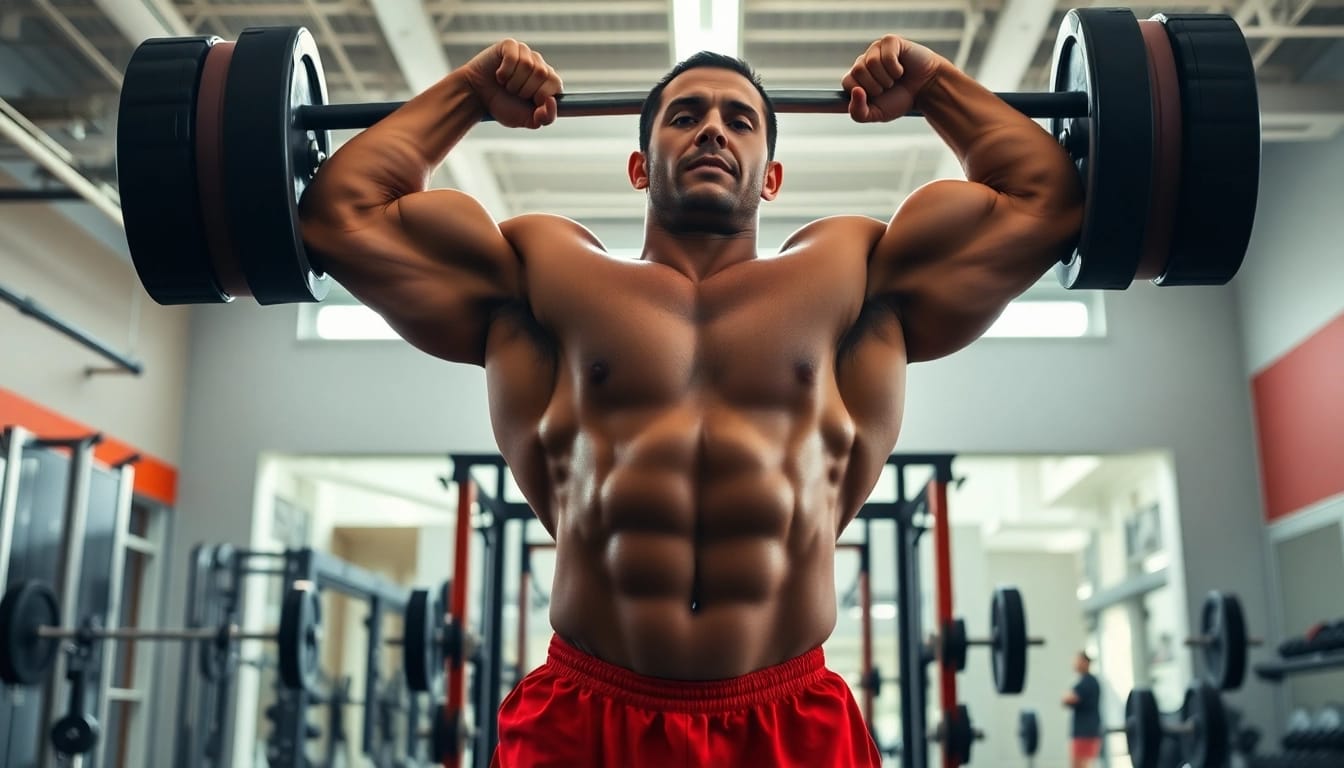 Trenbolon kaufen für Krafttraining: Bodybuilder hebt gewichtiges Gerät in moderner Fitnessumgebung.