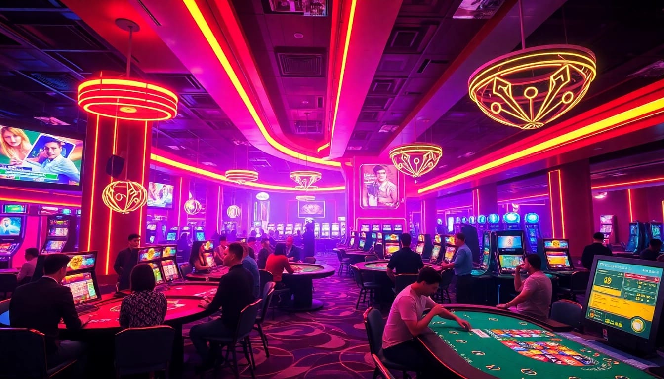 Experience thrilling games at online casinos ohne deutsche lizenz with diverse players and vibrant neon lights.
