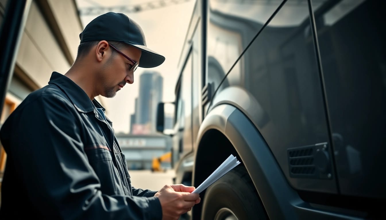 Lkw Gutachter Augsburg analysiert einen Lastwagen in einer urbanen Umgebung.