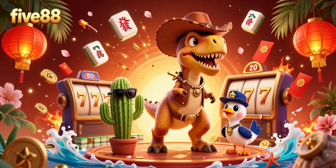 Experience the excitement of five88 with a T-Rex cowboy in a dynamic casino scene filled with slot reels and vibrant decorations.