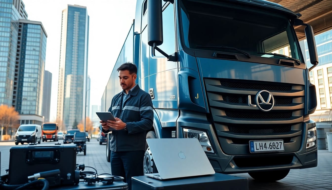 Lkw Gutachter Augsburg analysiert einen Lastwagen in einer urbanen Umgebung mit professionellen Werkzeugen.